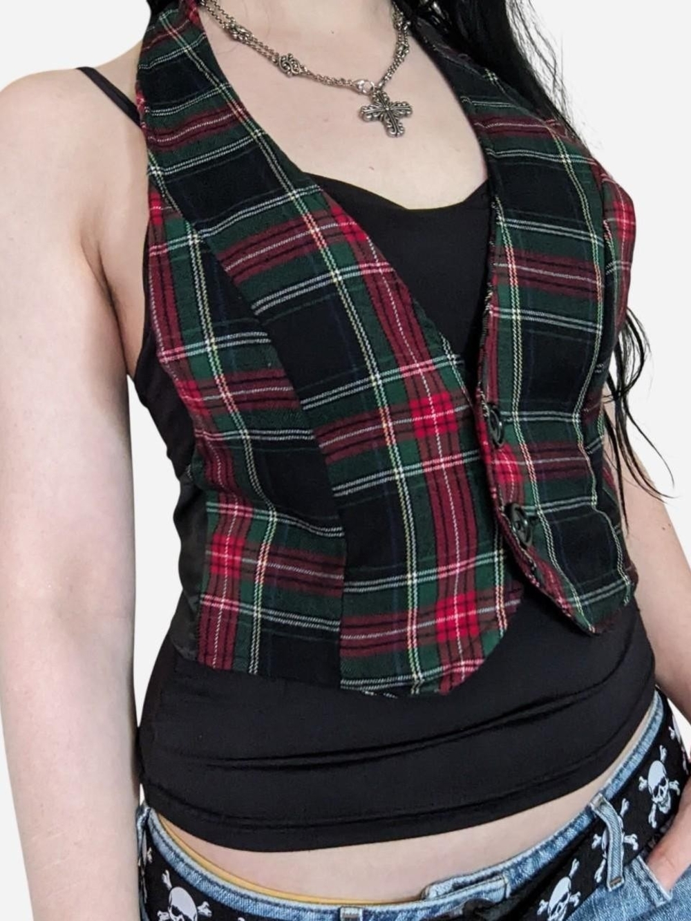 vintage y2k red, green, and black plaid vest with tie back detail